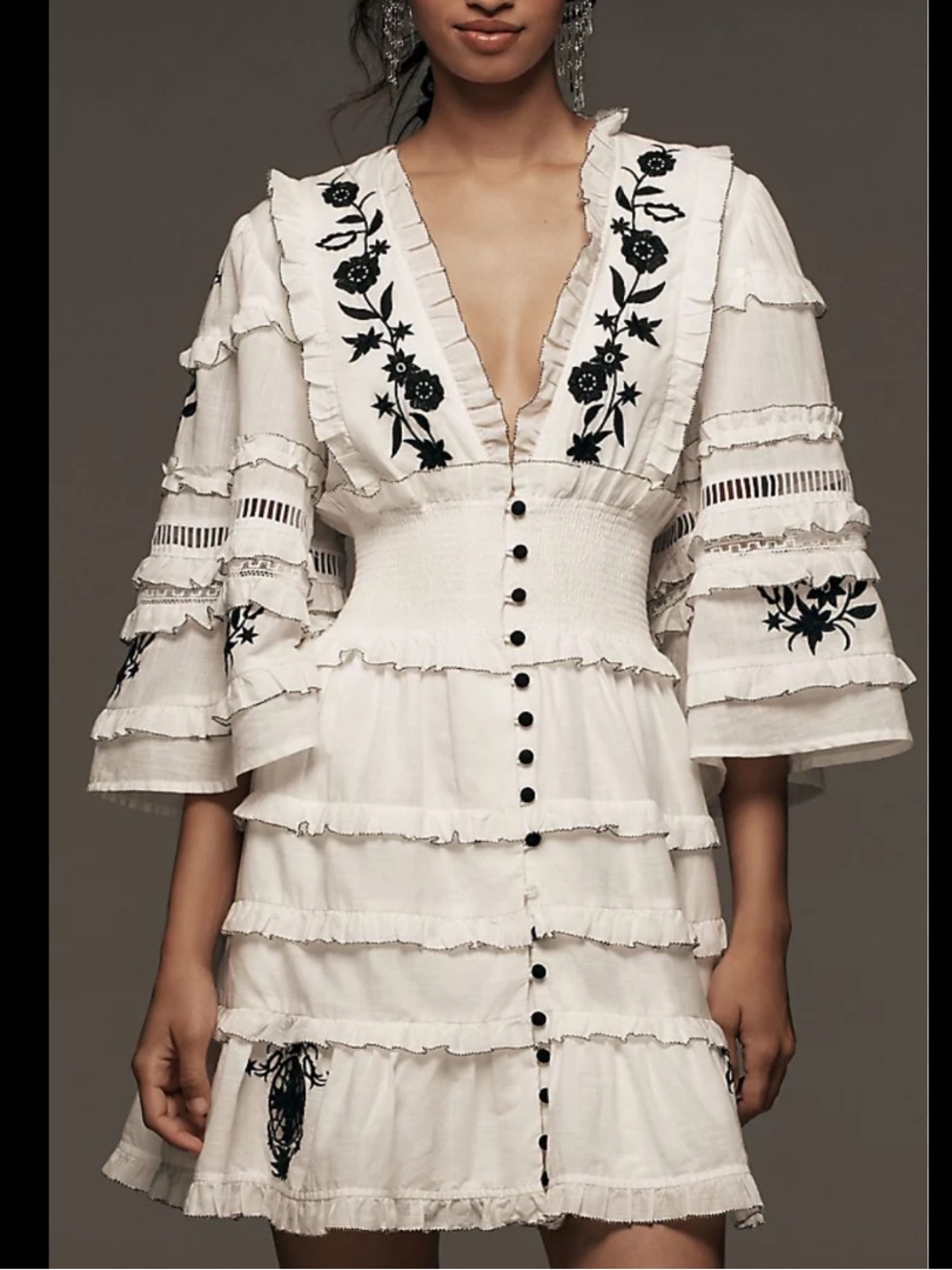 ANTHROPOLOGIE Embroidered Ruffled Mini Dress Sz L White Cotton Floral Boho VNeck - Picture 5 of 11